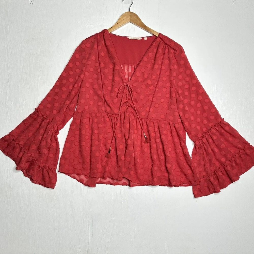 Soft Surroundings Womens Red Long Bell Sleeve Blouse Size Large V Neck Sheer Top